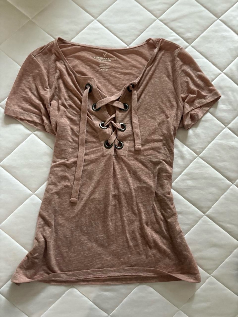 American Eagle Outfitters Short Sleeve Lace-Up V-Neck Top - Mauve